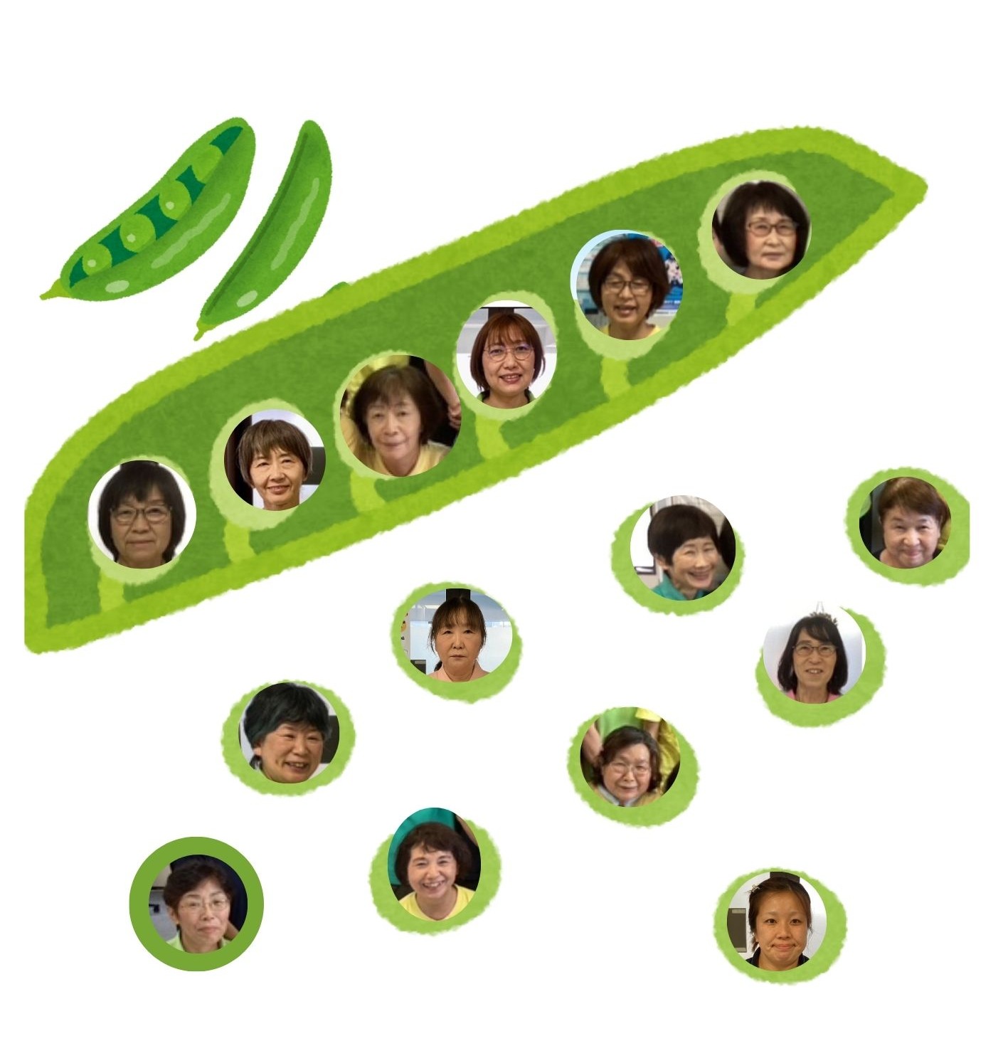 ワーカー達がグリーンピースの豆に入っている合成画像