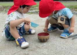 園庭の砂をすくって集めようとしている子ども