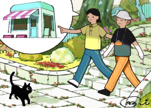 ヘルパーと利用者が外出しているイラスト