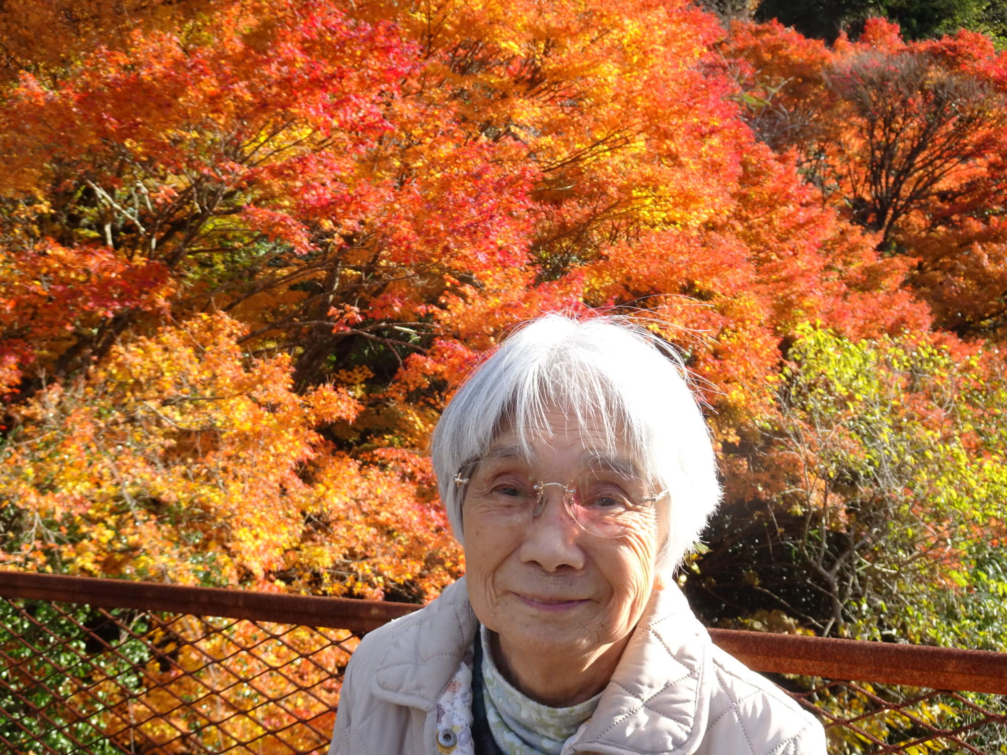 紅葉をバックに撮った利用者さまの写真