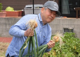 デイの園庭に植えられていた玉ねぎの収穫をして喜ばれるご利用者
