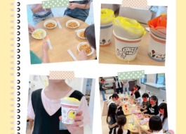 居場所の様子。 折り紙で作ったバラの花や作っている様子、おやつを食べている写真をコラージュ