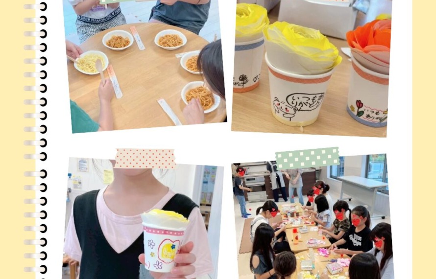 居場所の様子。 折り紙で作ったバラの花や作っている様子、おやつを食べている写真をコラージュ