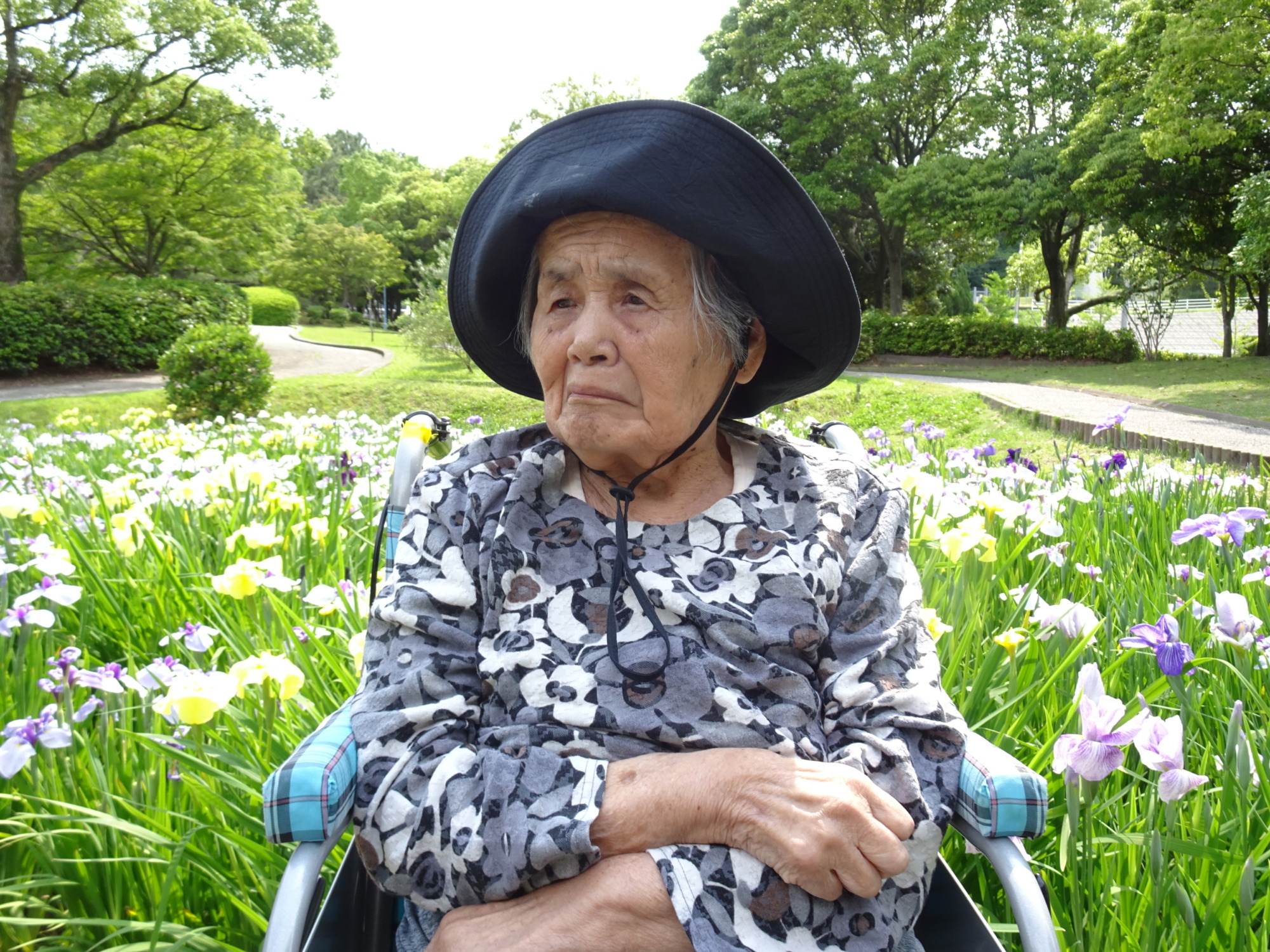 春日公園に咲いている菖蒲の前で撮った写真