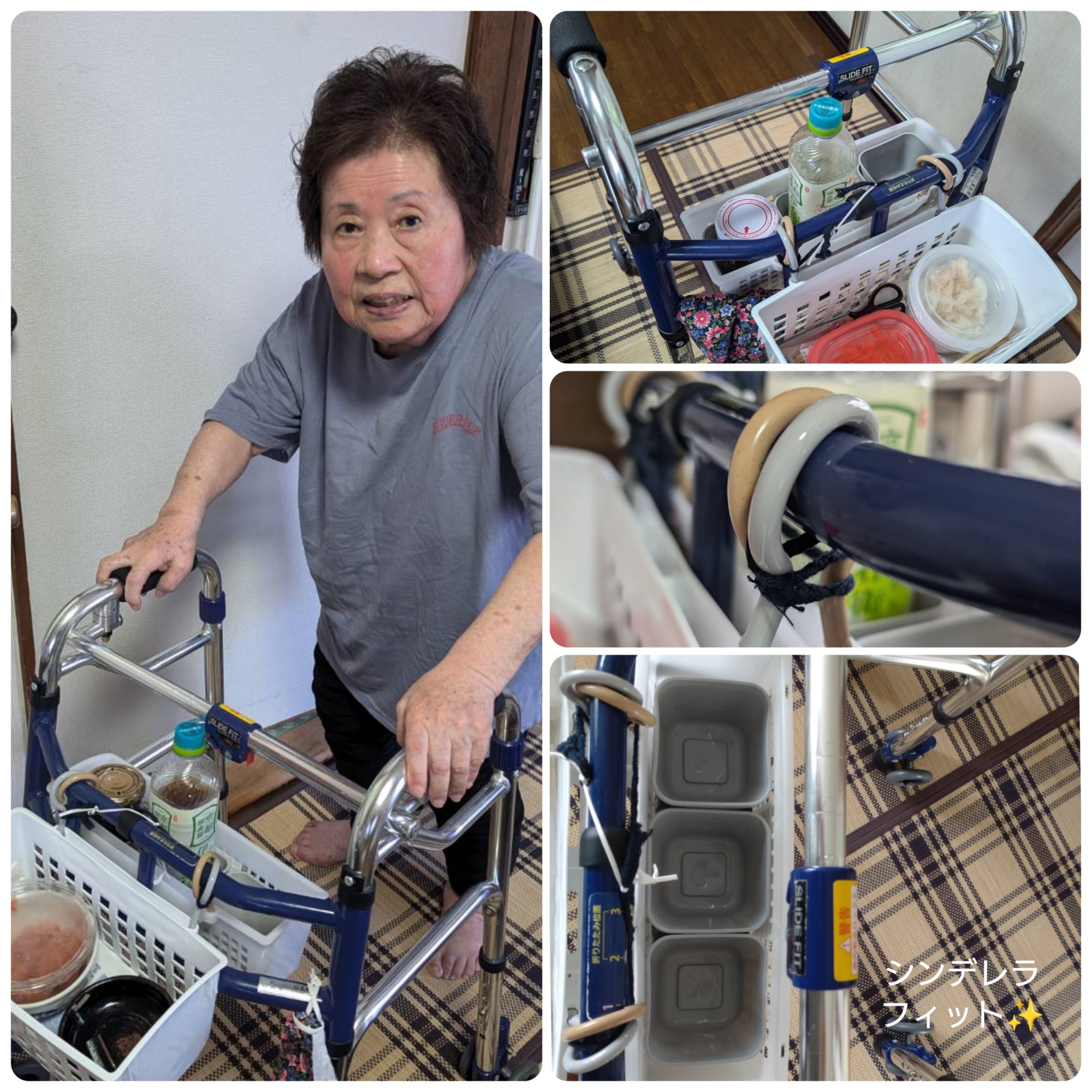 カゴをつける工夫をされた歩行器と Iさん