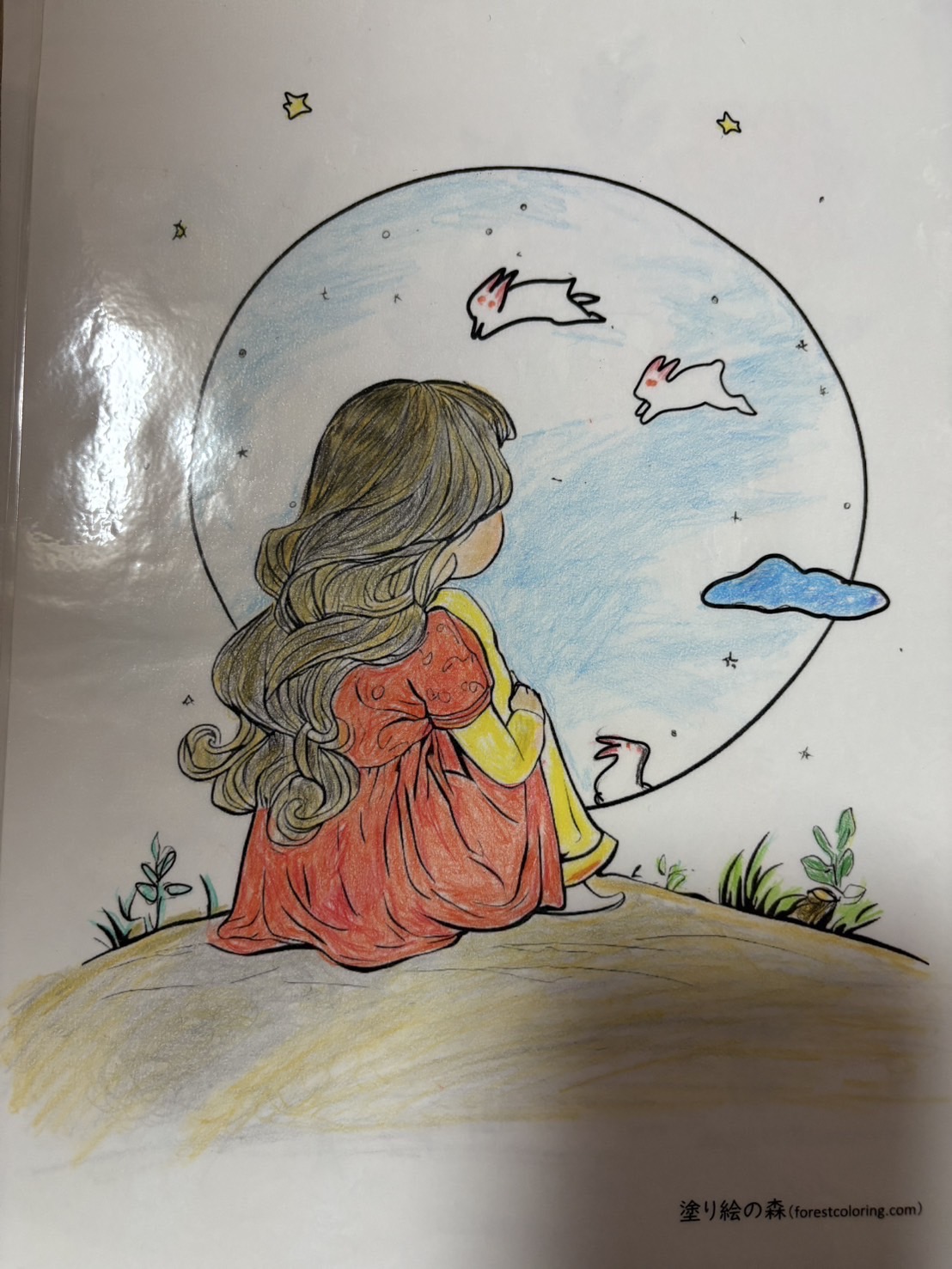 利用者さんが塗られた塗り絵 膝を抱えて座る女性の長い髪が美しく塗られている