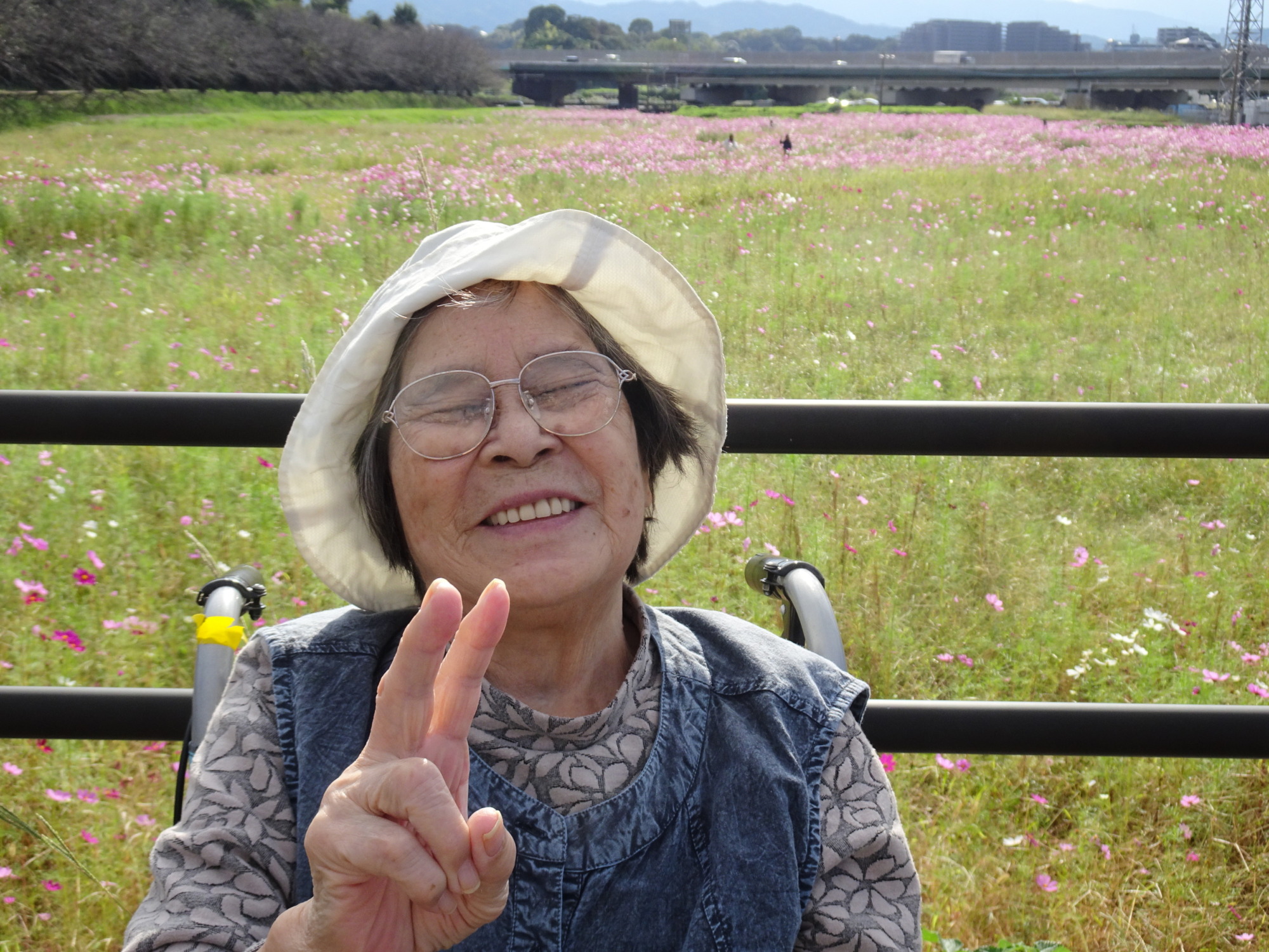 コスモス畑の前で撮った写真