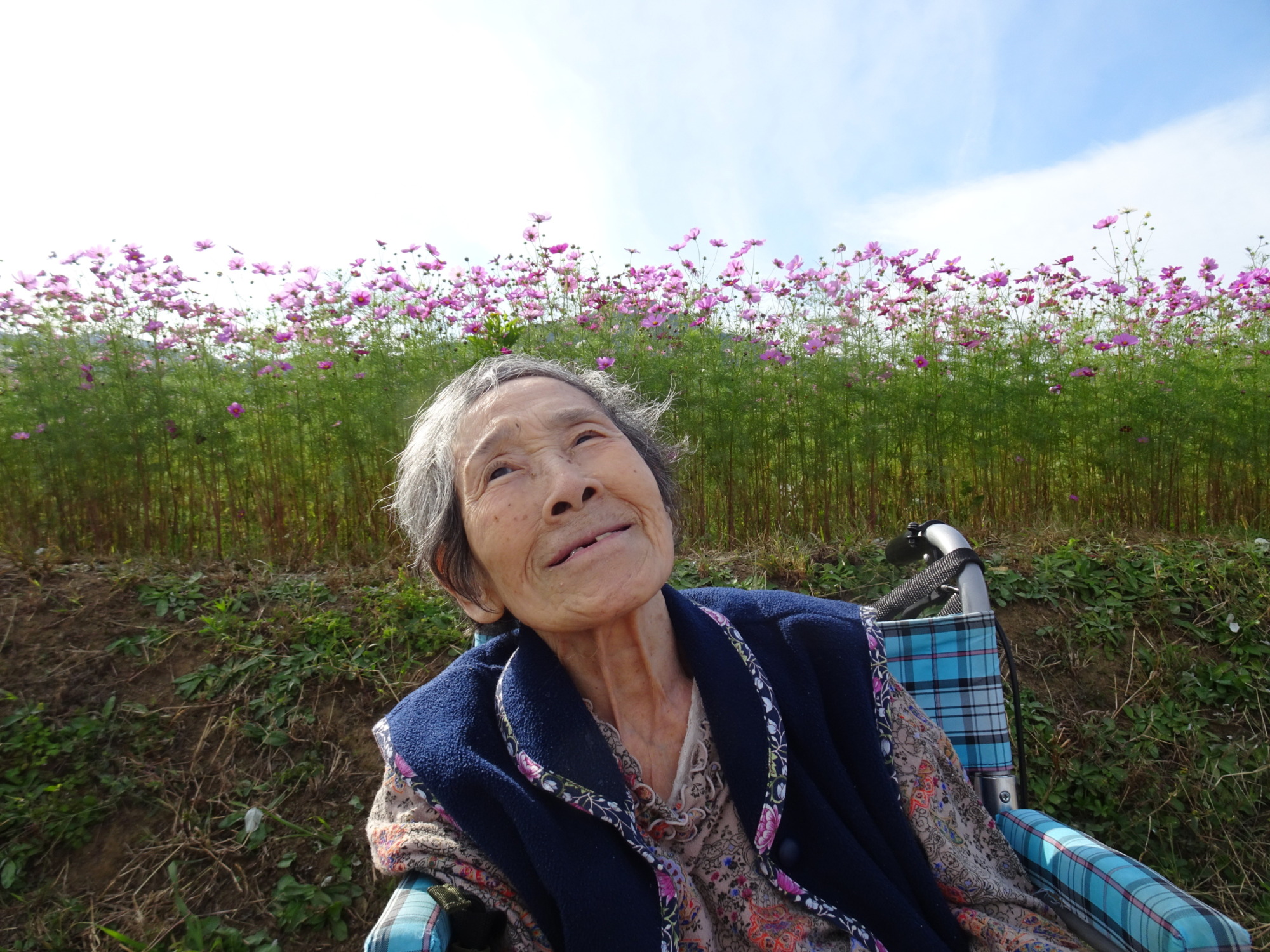 コスモス畑の前で素敵な笑顔を見せる利用者さん
