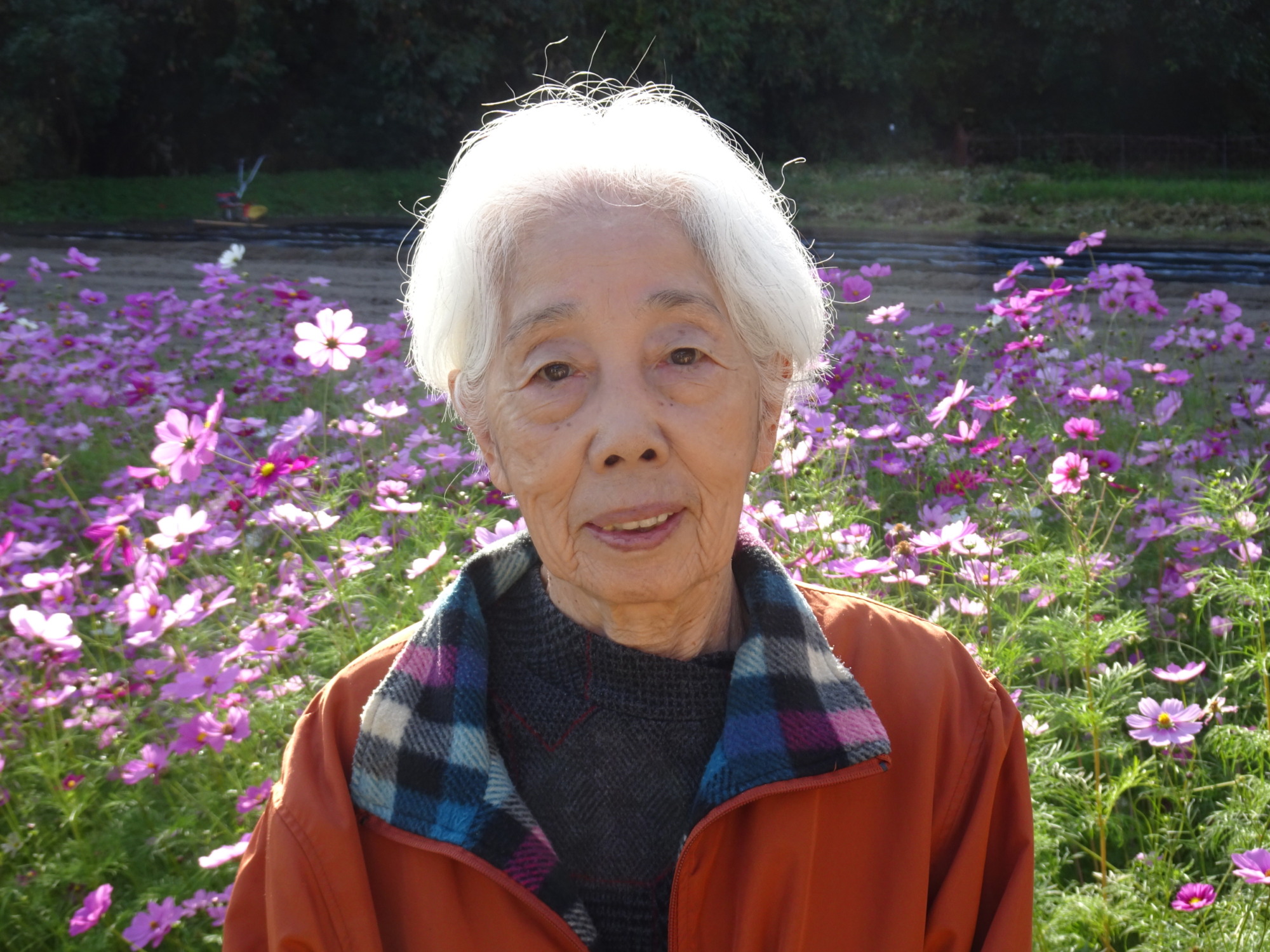 コスモス畑の前で笑顔を見せる利用者さん