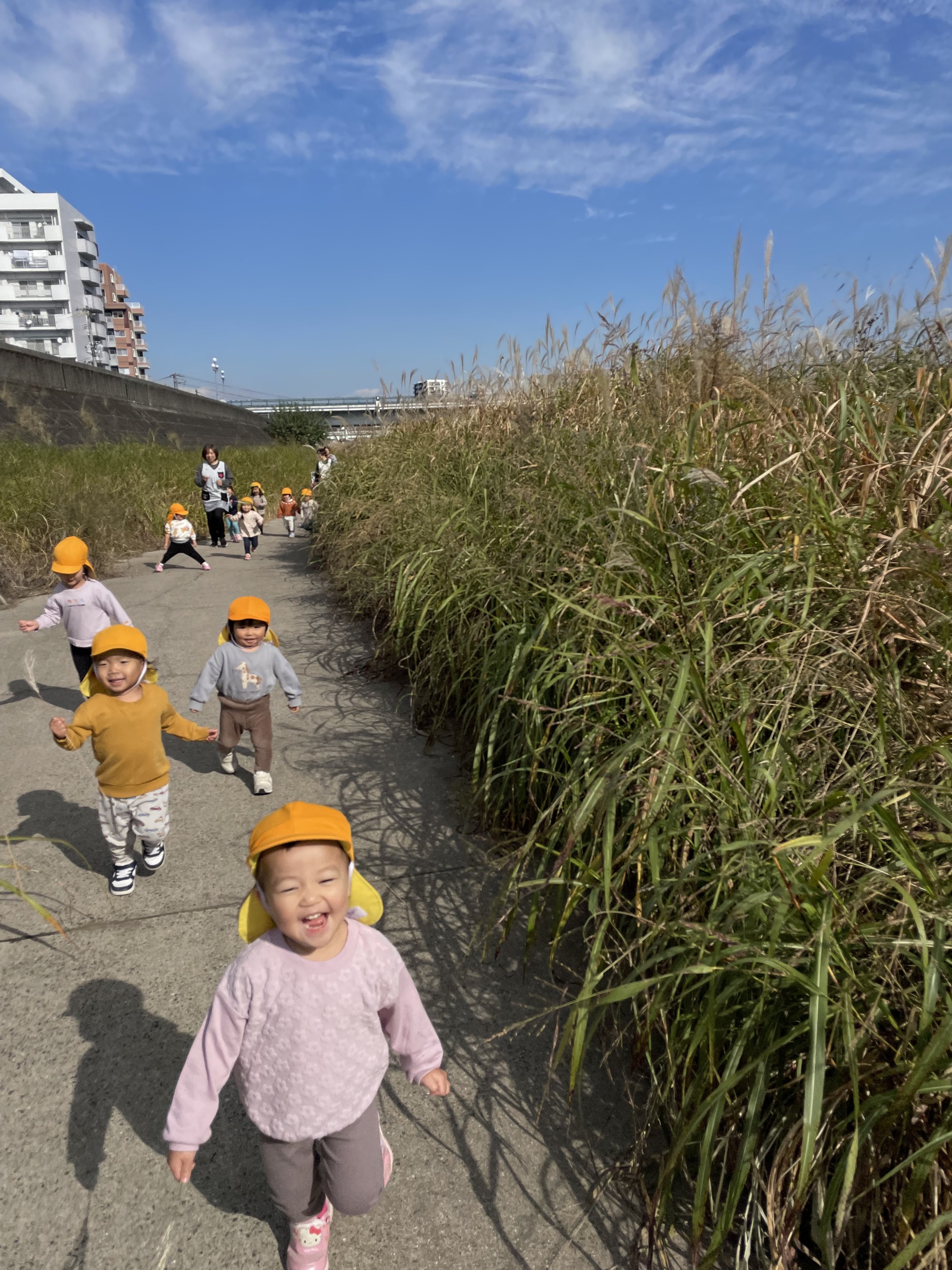 河川敷の遊歩道をみんなで走っている所