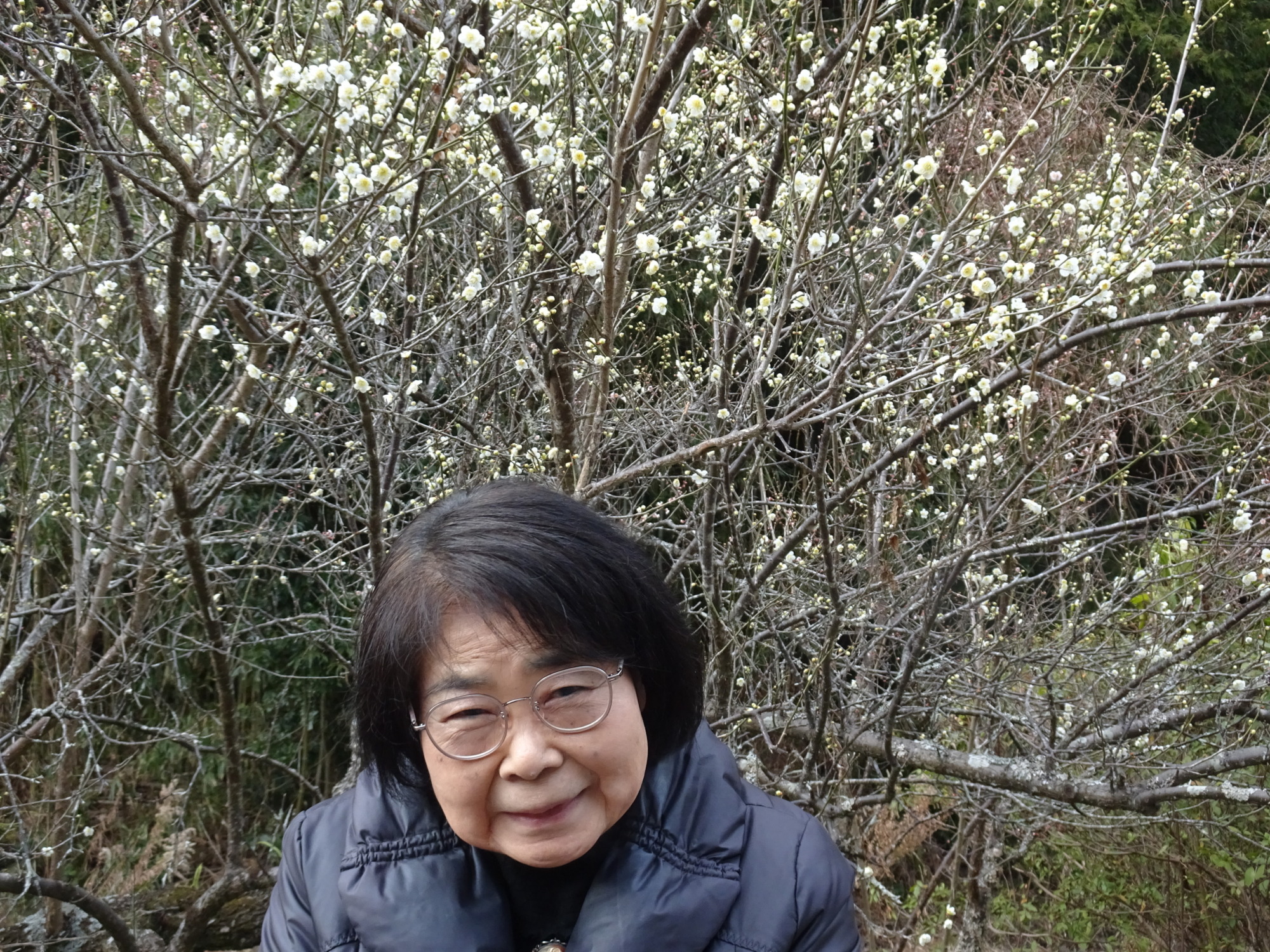 咲いた梅の前で写真に写る利用者さん