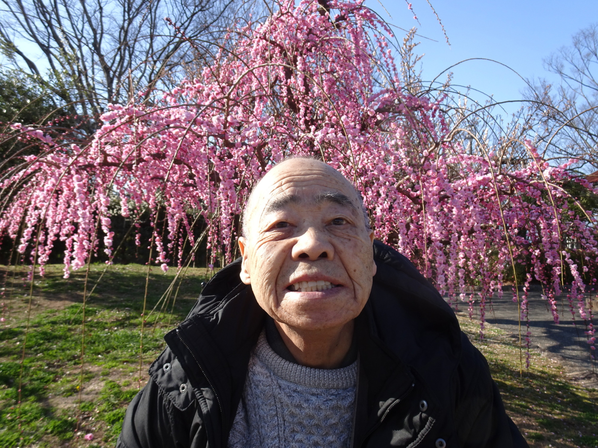 梅の木の前で撮った男性利用者さんの写真