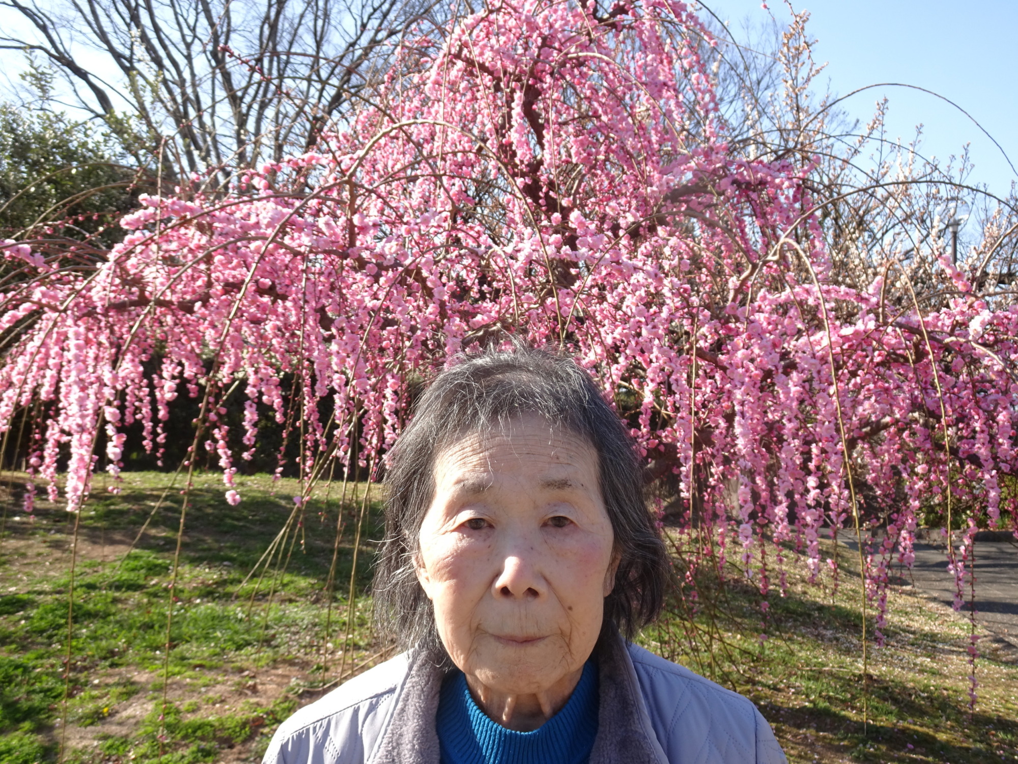 梅の木の前で撮った女性利用者さんの写真