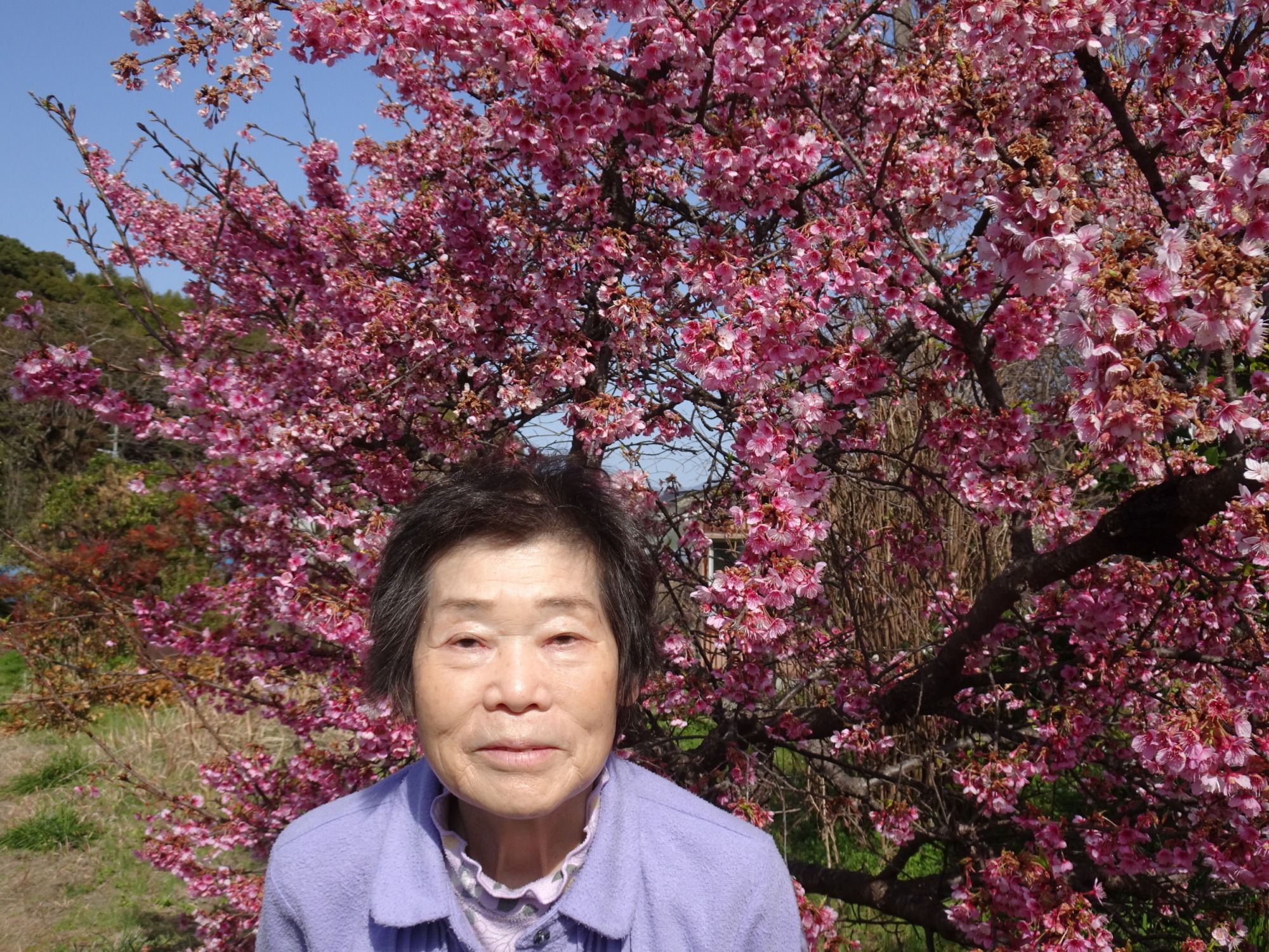 河津桜の前で撮った女性利用者さんの写真