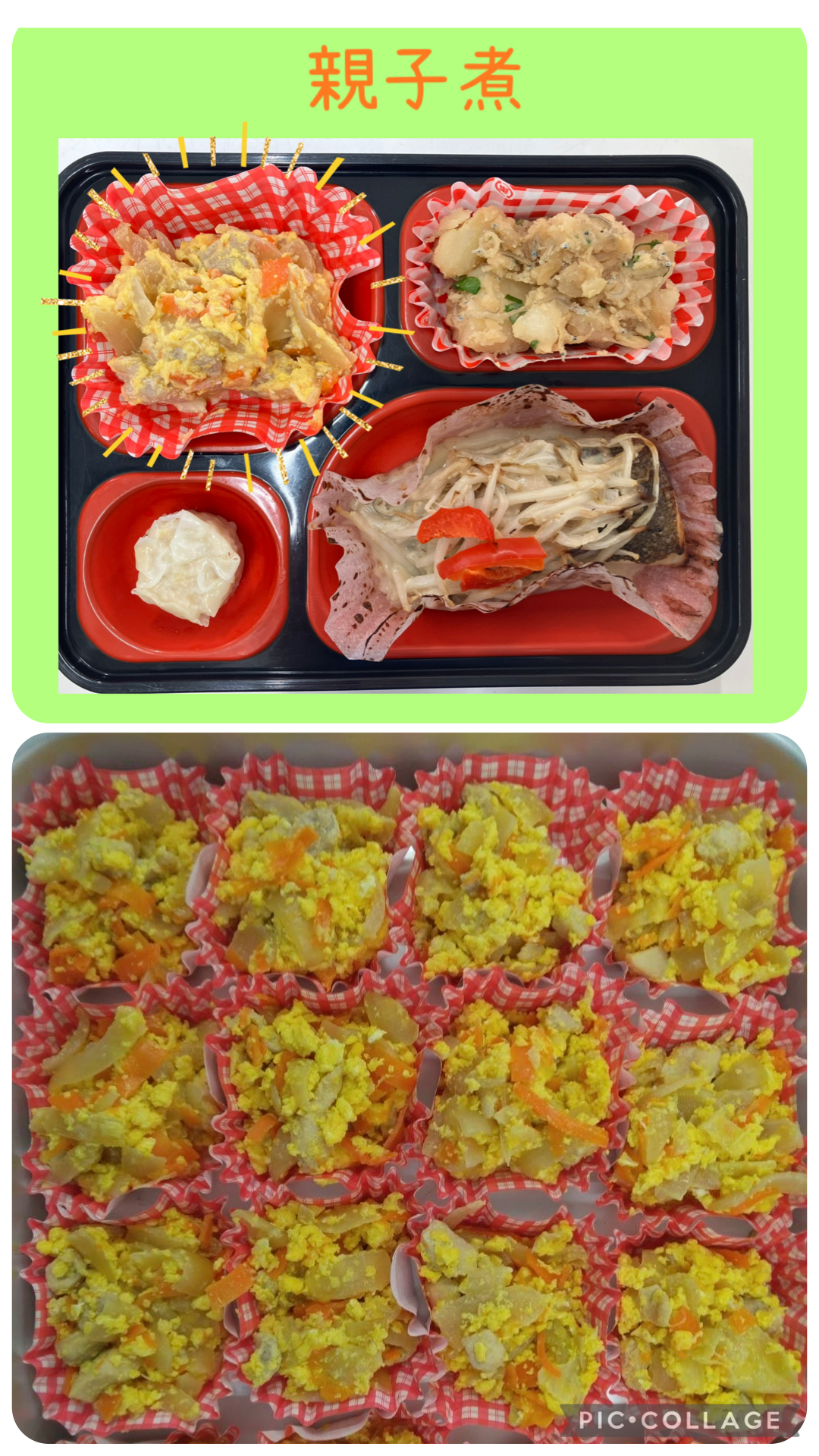 お弁当（白身魚の蒸し焼き、親子煮、ポテジャコサラダ、しゅうまい）と親子煮の写真