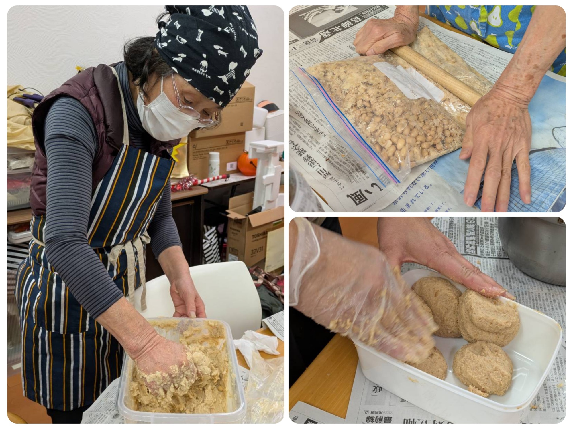 大豆を潰して味噌を手作りしているワーカーさん