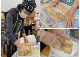 大豆を潰して味噌を手作りしているワーカーさん