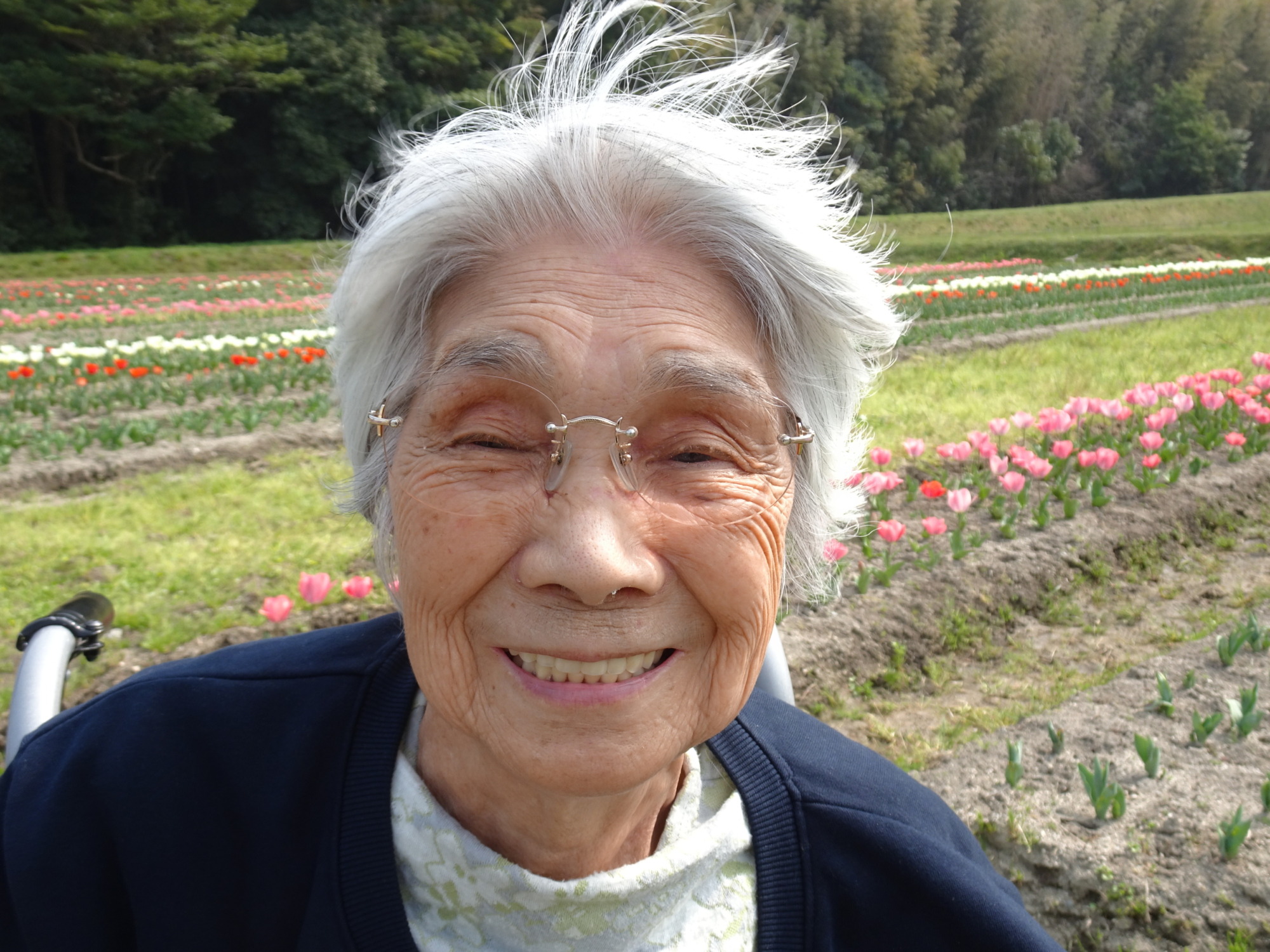 チューリップと一緒に写真を撮る利用者さん