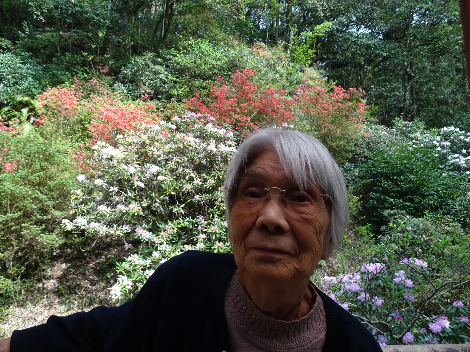 シャクナゲの前で撮った利用者さんの写真