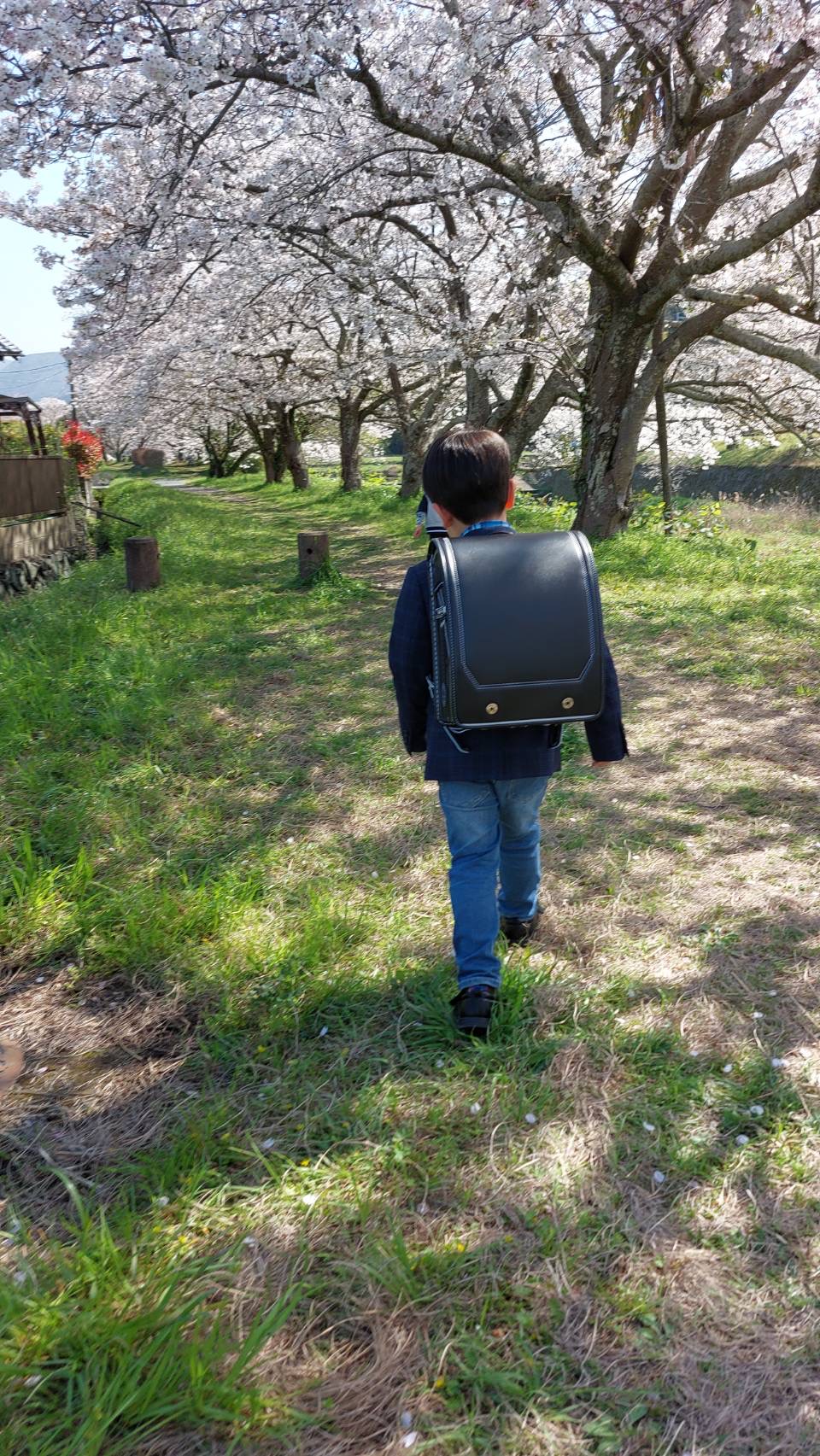 ワーカーの子どもがランドセルを背負って歩いている後ろ姿