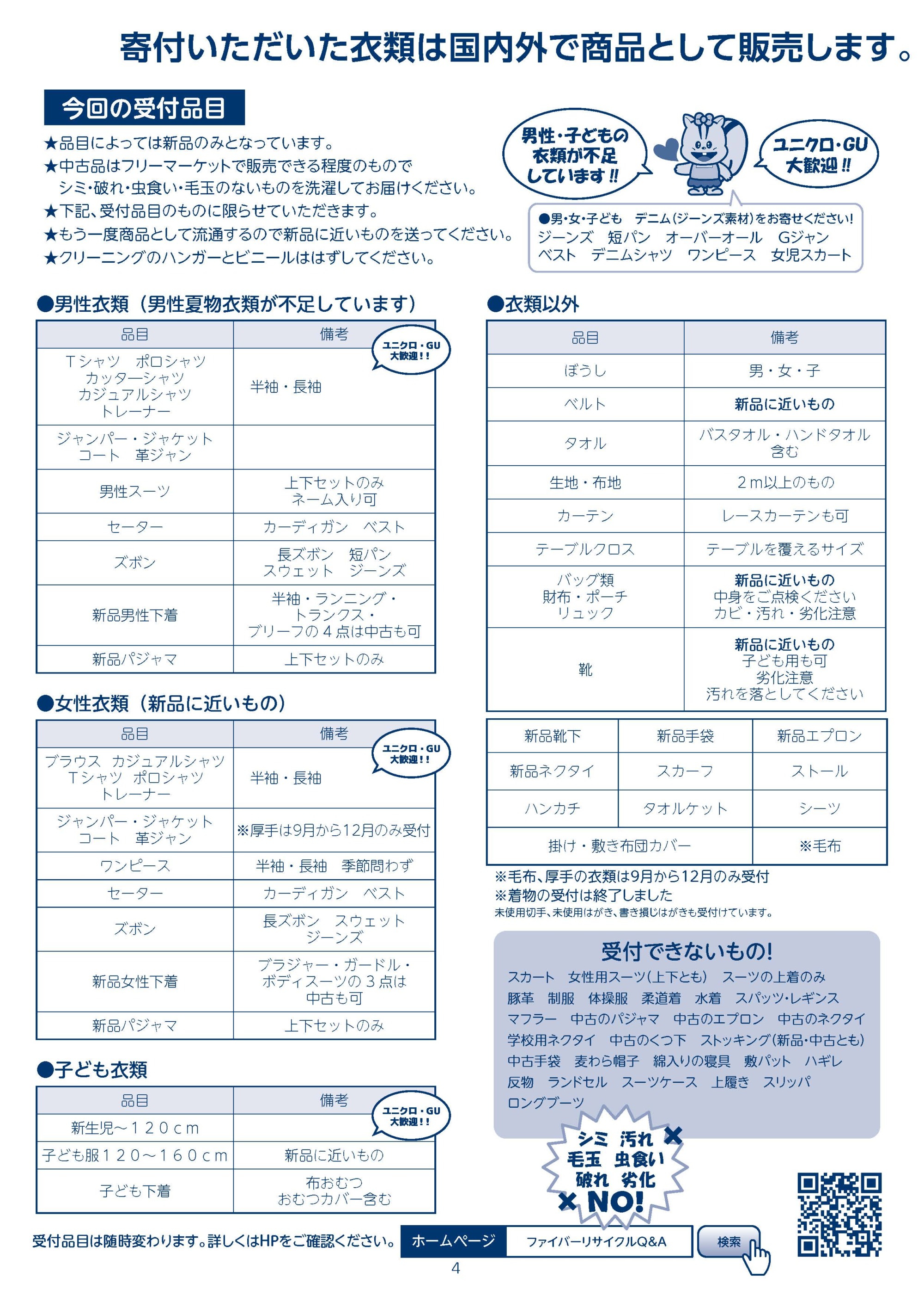 ファイバーリサイクルの受付品目リスト