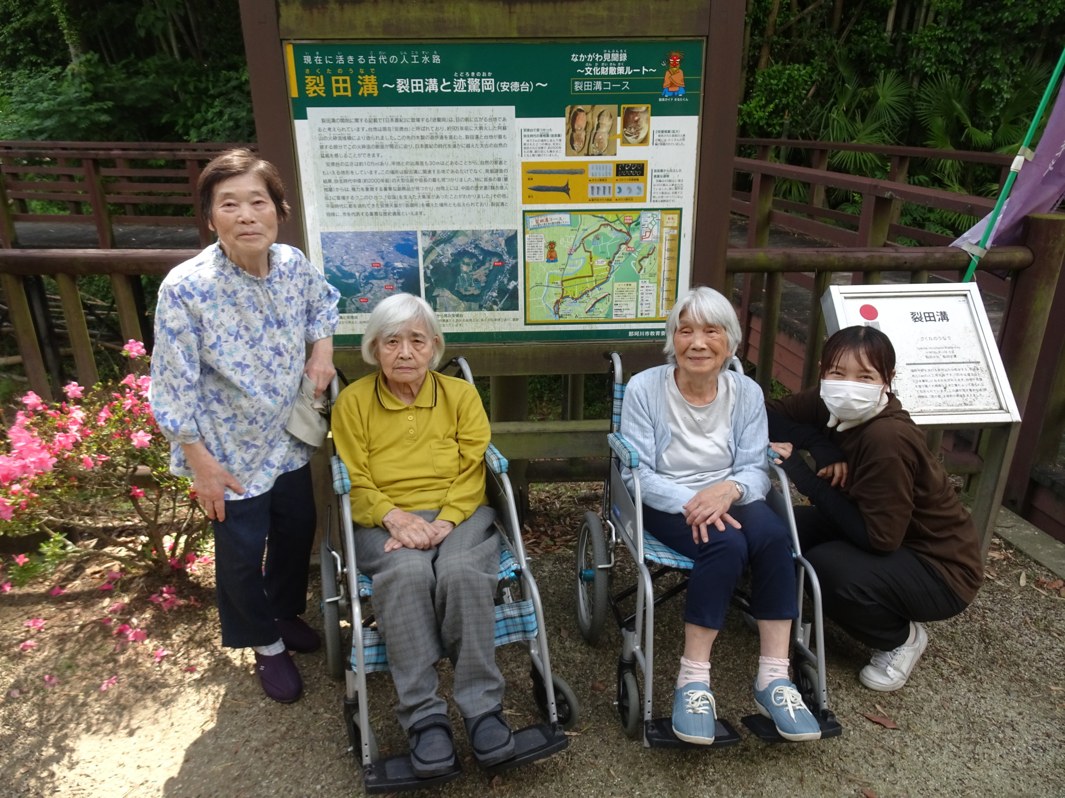 さくたのうなでの看板の前で撮った利用者さんたちとワーカーの写真