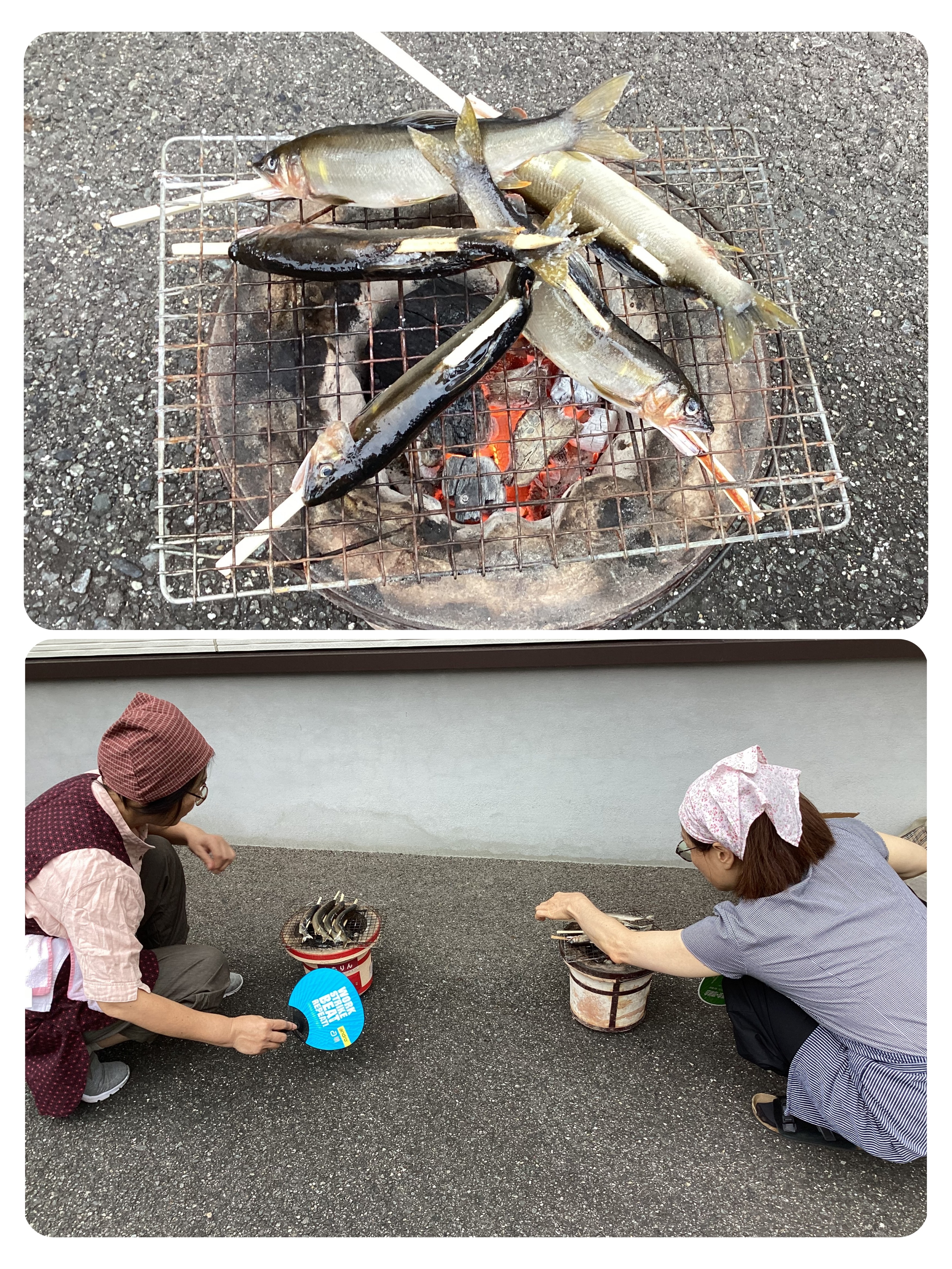 七輪でじっくり焼かれる鮎と焼くワーカーさん