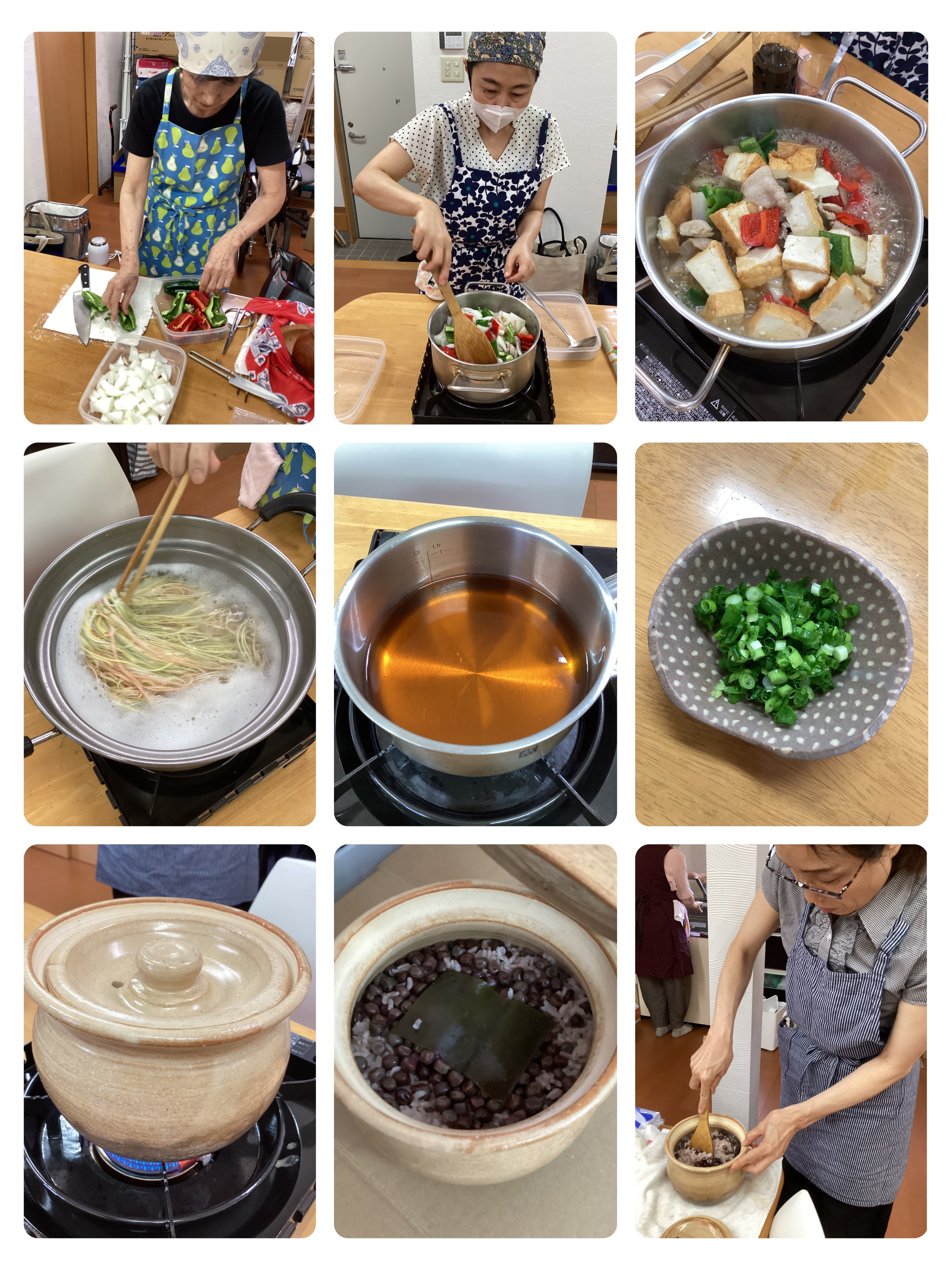 厚揚げと野菜の梅酒煮、四色そうめん、赤えんどう豆の土鍋ご飯を作る工程の写真