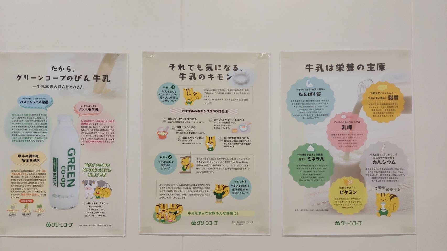 グリーンコープの牛乳の紹介プリントが掲示されています。